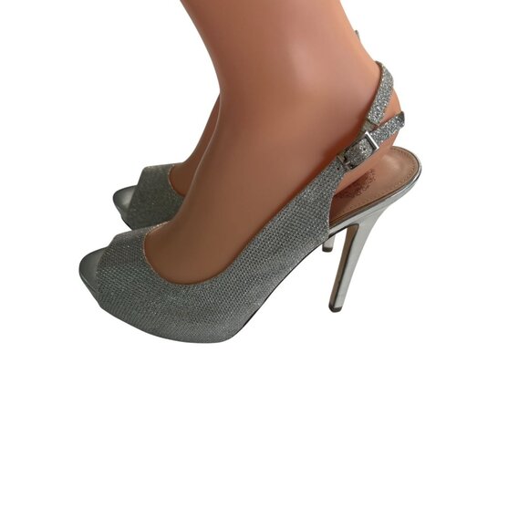 Silver Glitter Peep Toe Slingback Stiletto Heels 9M Fabric Upper Bonded Leather - Picture 3 of 7